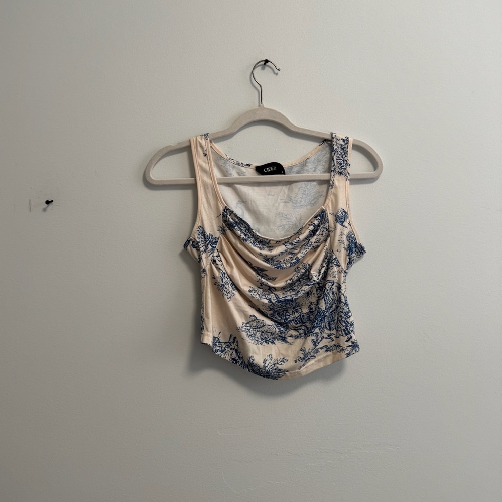 Cider Beige and Blue Floral Crop Top
